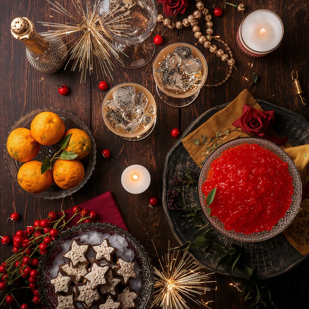 Новогодний праздничный стол — flat lay с шампанским, икрой и оливье
