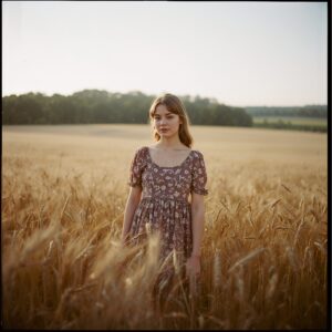 Плёночная фотография девушки в винтажном платье в пшеничном поле в стиле 70-х