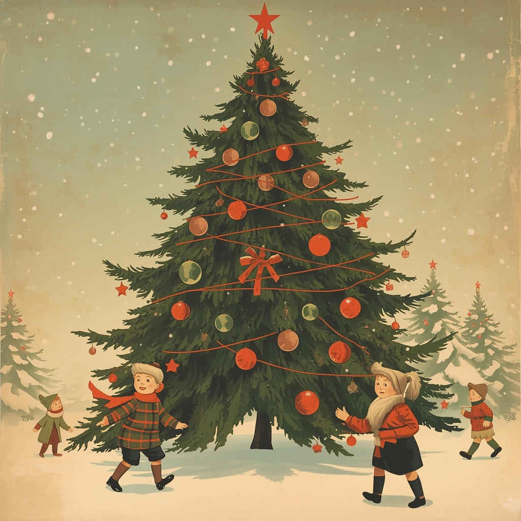 Винтажная советская новогодняя открытка с детьми у ёлки